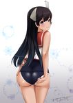  artist_name ass bad_id bad_pixiv_id black_hair dress from_behind highres i-400_(kantai_collection) kantai_collection long_hair looking_at_viewer looking_back old_school_swimsuit omoomomo one-piece_swimsuit purple_eyes sailor_collar sailor_shirt school_swimsuit shirt sleeveless sleeveless_dress smile solo swimsuit swimsuit_under_clothes tan tanline 