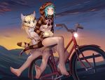  animal_ears aqua_hair bare_legs bare_shoulders barefoot bicycle black_hair blonde_hair bow bowtie cat_ears cat_tail closed_mouth commentary detached_sleeves erulon eyebrows_visible_through_hair feet full_body green_eyes ground_vehicle hands_in_pockets highres hood hood_up hoodie kemono_friends leaning_forward looking_afar medium_hair miniskirt multicolored_hair multiple_girls multiple_riders no_pants open_mouth orange_eyes outdoors sand_cat_(kemono_friends) shirt sidesaddle sitting skirt sky sleeveless sleeveless_shirt snake_tail soles star_(sky) starry_sky striped_hoodie striped_tail tail toes tsuchinoko_(kemono_friends) twilight two-tone_hair yellow_skirt 