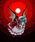  bat_wings blue_hair flying hands_on_own_cheeks hands_on_own_face hat hat_ribbon looking_at_viewer mob_cap moon pale_skin peachems_(gemu) red_background red_eyes red_sky remilia_scarlet ribbon sash sky slit_pupils smile solo spread_wings touhou wavy_hair wings wrist_cuffs 