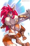  alfreda_fliss anthro big_breasts breasts clothed clothing feline female huge_breasts hyper hyper_breasts looking_at_viewer makeup mammal mascara melee_weapon noricragma shortstack skimpy smile solo sword thefuckingdevil thick_thighs thigh_gap underwear voluptuous weapon 