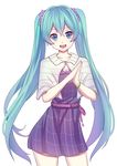  belt blue_eyes blue_hair bracelet capelet contrapposto cowboy_shot dress hair_between_eyes hands_clasped hatsune_miku jewelry long_hair open_mouth own_hands_together purple_dress saito_(pigrank) simple_background smile solo standing twintails very_long_hair vocaloid white_background 