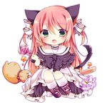  :d ai_1003 animal_ears bangs black_bow black_footwear black_neckwear black_shirt blush bow bowtie broom broom_riding candy cat_ears cat_girl cat_tail chibi commentary_request eyebrows_visible_through_hair fang food full_body hair_between_eyes hair_bow halloween highres holding holding_lollipop kneehighs lollipop long_hair looking_at_viewer open_mouth original pink_bow pink_hair polka_dot polka_dot_bow shirt shoes sidesaddle signature simple_background sitting sitting_sideways skirt smile solo star striped striped_bow swirl_lollipop tail two_side_up very_long_hair white_background white_bow white_legwear white_skirt 