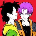  black_eyes black_hair blue_eyes dragon_ball dragon_ball_z eyebrows_visible_through_hair looking_at_viewer male_focus multiple_boys neko_ni_chikyuu purple_hair red_background short_hair simple_background smile son_goten trunks_(dragon_ball) 