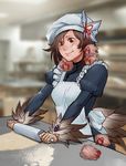  :3 apron blurry blurry_background brown_eyes brown_hair commentary commission feathers flour hair_feathers hat highres juliet_sleeves kikimora_(monster_girl_encyclopedia) less long_hair long_sleeves maid manticore_(monster_girl_encyclopedia) mofucore monster_girl monster_girl_encyclopedia puffy_sleeves rolling_pin smile tail_feathers 