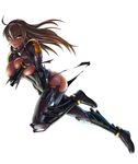  1girl blue_eyes bodysuit breast_grab breasts brown_hair character_request covering_breasts curvy dark_skin large_breasts long_hair looking_at_viewer mikoyan open_mouth shiny_skin simple_background solo taimanin_(series) taimanin_asagi taimanin_asagi_battle_arena torn_clothes 