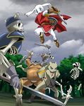  animated_skeleton anthro armor battle belly bone canine cat clothed clothing dog feline fight group holding_object holding_weapon male mammal melee_weapon overweight q_taro skeleton skimpy sword unconvincing_armor undead weapon 