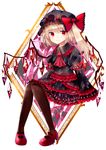  absurdres alternate_costume ascot black_dress black_legwear blonde_hair bow commentary_request dress flandre_scarlet frills hat hat_bow highres juliet_sleeves long_sleeves looking_at_viewer mob_cap puffy_sleeves red_bow red_eyes red_neckwear sakipsakip side_ponytail smile solo touhou wide_sleeves wings 