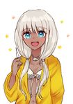  1girl bead_necklace beads blue_eyes blush bra danganronpa dark_skin fc happy jacket jewelry long_hair necklace new_danganronpa_v3 open_mouth seashell shell silver_hair solo tied_hair twintails yellow_jacket yonaga_angie 