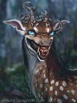  antlers blue_eyes cervine deer fangs forest glowing glowing_eyes horn mammal monster sharp_teeth snarling teeth tree whiluna 
