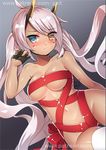  ahoge artist_name ass_visible_through_thighs azur_lane bare_arms bare_shoulders black_gloves blue_eyes blush breasts brown_hair cleavage closed_mouth collarbone eyebrows_visible_through_hair facepaint gloves go-it gradient gradient_background grey_background heart heterochromia indianapolis_(azur_lane) long_hair looking_at_viewer medium_breasts naked_ribbon navel nose_blush partly_fingerless_gloves red_ribbon ribbon single_thighhigh solo stomach sweat thigh_gap thighhighs twintails underboob very_long_hair watermark web_address white_legwear 