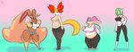  2016 anthro anthrofied audino big_breasts blue_eyes breast_size_difference breasts canine clothing delphox digital_drawing_(artwork) digital_media_(artwork) female gardevoir gradient_background green_hair group hair humanoid immortalstar lopunny mammal nintendo pok&eacute;mon pok&eacute;mon_(species) pok&eacute;morph red_eyes simple_background slightly_chubby sweater video_games 