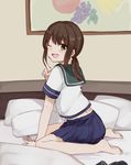  ;d bag bare_legs barefoot bed bed_sheet black_legwear blanket blue_skirt blush brown_hair eyebrows_visible_through_hair fubuki_(kantai_collection) green_eyes highres hiroe_(cosmos_blue-02_421) index_finger_raised indoors kantai_collection leaning_forward long_hair looking_at_viewer low_ponytail no_legwear on_bed one_eye_closed open_mouth picture_(object) picture_frame pleated_skirt round_teeth school_uniform serafuku shirt short_sleeves sidelocks sitting skirt smile solo teeth thighhighs_removed wariza white_shirt 