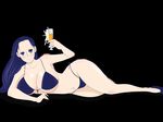  1girl alone bikini black_background blue_eyes blue_hair blush breasts cleavage curvy drink female glass heels high_heels hips holding large_breasts laying long_hair looking_at_viewer lying navel nico_robin on_side one_piece sideboob smile solo stomach swimsuit thick_thighs thighs wide_hips 