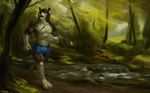  2017 anthro blue_eyes canine chunie clothing digital_media_(artwork) jogging male mammal open_mouth rakan scar shorts solo were werewolf 