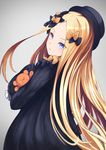  :c abigail_williams_(fate/grand_order) bangs black_bow black_dress black_hat blonde_hair blue_eyes blush bow closed_mouth commentary_request dress eyebrows_visible_through_hair fate/grand_order fate_(series) grey_background hair_bow hat head_tilt highres kirara_(mzk_ya) long_hair long_sleeves looking_at_viewer looking_back object_hug orange_bow parted_bangs polka_dot polka_dot_bow simple_background sleeves_past_wrists solo stuffed_animal stuffed_toy teddy_bear very_long_hair 
