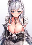  apron areola_slip areolae azur_lane bangs belfast_(azur_lane) blue_background blue_eyes blush braid breasts chain cleavage closed_mouth collar collarbone commentary_request eyebrows_visible_through_hair french_braid gauntlets gloves gradient gradient_background grey_hair hair_ornament highres kaerunoko large_breasts long_hair looking_down maid maid_headdress silver_hair smile solo white_background white_gloves 