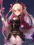 bad_id bad_pixiv_id blonde_hair blush buckle cape earrings ereshkigal_(fate/grand_order) fate/grand_order fate_(series) hair_ribbon jewelry kim_eb long_hair looking_at_viewer polearm red_cape red_eyes red_ribbon ribbon simple_background solo spear sweatdrop twintails weapon 