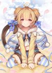  ahoge andira_(granblue_fantasy) animal_ears blonde_hair blush clenched_teeth commentary_request erune flying_nimbus granblue_fantasy grin highres looking_at_viewer midriff monkey_ears monkey_tail navel petals red_eyes short_hair sitting smile solo striped striped_legwear tail teeth thighhighs topia wariza 