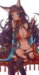  :o absurdres animal_ears aqua_eyes blush bracer breasts bridal_gauntlets cleavage dark_skin fate/grand_order fate_(series) hand_up head_chain highres index_finger_raised jewelry large_breasts long_hair looking_at_viewer navel open_mouth osanai purple_hair queen_of_sheba_(fate/grand_order) revealing_clothes sidelocks simple_background sitting solo thighs white_background 