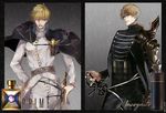  alternate_costume arthur_pendragon_(fate) artoria_pendragon_(all) blonde_hair blue_eyes cologne commentary contrapposto dark_persona fake_ad fate/prototype fate_(series) male_focus multiple_boys one_eye_closed open_mouth platinum_blonde_hair pvc_parfait saber_alter smile standing sword weapon 