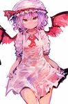  absurdres ascot bat_wings closed_mouth cowboy_shot fang_out hair_between_eyes hat hat_ribbon highres kaamin_(mariarose753) lavender_hair looking_at_viewer mob_cap pink_wings red_eyes red_neckwear red_ribbon remilia_scarlet ribbon short_sleeves simple_background smile solo touhou white_background wing_collar wings 