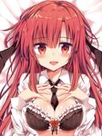  :d bat_wings between_breasts black_bra black_neckwear blush bra breasts commentary_request head_wings koakuma large_breasts long_hair long_sleeves looking_at_viewer maturiuta_sorato necktie necktie_between_breasts open_clothes open_mouth open_shirt parted_lips red_eyes red_hair shirt smile solo touhou underwear upper_body white_shirt wings 