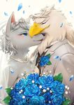  1girl animal apollo_(doubutsu_no_mori) beak bianca_(doubutsu_no_mori) bird blue_flower blue_rose blush bouquet breasts bridal_veil cleavage commentary_request couple crown doubutsu_no_mori dress eagle flower fur furry half-closed_eyes happy hetero interspecies jewelry kemonomichi_(blue_black) medium_breasts necklace necktie no_humans open_mouth pearl_necklace petals rose simple_background smile tuxedo veil wedding wedding_dress white_background wolf 