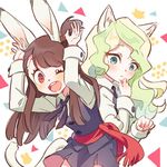  animal_ears blonde_hair brown_hair bunny_ears bunny_tail cat_ears cat_tail commentary_request conago diana_cavendish kagari_atsuko little_witch_academia multiple_girls one_eye_closed tail 