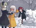  3girls boots danganronpa dark_skin dog eyes_closed green_eyes group happy headdress honzumaru jacket long_hair maid maid_headdress matching_hair/eyes multiple_girls new_danganronpa_v3 open_mouth red_eyes red_hair scarf short_hair silver_hair smile standing tied_hair toujou_kirumi trio twintails winter yonaga_angie yumeno_himiko 