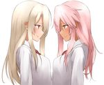  blonde_hair blush bow bowtie breasts brown_eyes chloe_von_einzbern closed_mouth eye_contact fate/kaleid_liner_prisma_illya fate_(series) from_side hechi_(hechi322) illyasviel_von_einzbern long_hair long_sleeves looking_at_another medium_breasts multiple_girls pink_hair profile red_eyes red_neckwear shirt simple_background smile upper_body white_background white_shirt yuri 