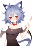  alternate_costume animal_ears bare_shoulders bat_wings black_shirt blue_hair blush breasts cat_ears cat_tail choker closed_mouth collarbone eyebrows_visible_through_hair highres jewelry kemonomimi_mode leidami looking_at_viewer messy_hair nail_polish off-shoulder_shirt pendant red_eyes red_nails remilia_scarlet shirt simple_background small_breasts smile solo_focus t-shirt tail touhou upper_body white_background wings 