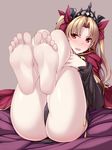  barefoot blonde_hair blush cape earrings ereshkigal_(fate/grand_order) fate/grand_order fate_(series) feet hair_ribbon highres jewelry legs legs_up long_hair looking_at_viewer naturalton red_eyes ribbon soles solo toes twintails white_legwear 