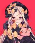  abigail_williams_(fate/grand_order) bangs black_bow black_dress black_hat blonde_hair blood blood_on_face blue_eyes blush bow closed_mouth dress eyebrows_visible_through_hair fate/grand_order fate_(series) hair_bow hat long_hair long_sleeves looking_at_viewer object_hug orange_bow parted_bangs polka_dot polka_dot_bow rimsuk sleeves_past_wrists solo stuffed_animal stuffed_toy teddy_bear 
