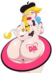  2017 absurd_res anthro beauty_mark bedroom_eyes belly big_butt biped black_eyes blonde_hair blush bovine breasts butt cattle dairy_air dessert digital_media_(artwork) ear_piercing ear_tag female food hair hairband half-closed_eyes hat hi_res huge_butt ice_cream licking looking_at_viewer looking_back mammal mole_(marking) mostly_nude open_mouth piercing rear_view seductive side_boob simple_background slightly_chubby solo sssonic2 thick_thighs tongue tongue_out white_background wide_hips 