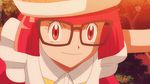  1girl alternate_costume black_pants delphox elle_(pokemon) fire glasses hat long_hair pink_hair pokemon pokemon_(anime) pose sleeveless sleeveless_shirt 