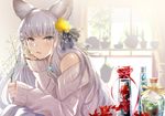  animal_ears backlighting bangs bare_shoulders blue_eyes blush bottle braid branch casual chin_rest day erune eyebrows_visible_through_hair granblue_fantasy grey_sweater hair_ornament hair_ribbon holding indoors korwa long_hair looking_at_viewer myusha off-shoulder_sweater off_shoulder open_mouth plant potted_plant ribbon silver_hair solo sweater tsurime very_long_hair 