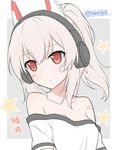  animal_ears ayanami_(azur_lane) azur_lane bandaid_on_cheek bangs bare_shoulders blush breasts cleavage closed_mouth collarbone commentary_request eyebrows_visible_through_hair fake_animal_ears grey_background hair_between_eyes head_tilt headgear headphones high_ponytail light_brown_hair long_hair looking_away looking_to_the_side off-shoulder_shirt ponytail red_eyes shirt short_sleeves small_breasts solo star t-shirt takeg05 translated twitter_username two-tone_background upper_body white_background white_shirt 