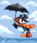  2017 anthro avian bird black_eyes black_feathers carpetbag cloud cryptid-creations daisy_(flower) english_text feathered_wings feathers flying hat humor mary_poppins outside puffin pun scarf sky solo text umbrella white_feathers wings 