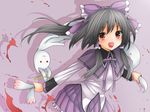  akemi_homura akemi_homura_(cosplay) bow bunny commentary_request cosplay creek_(moon-sky) dress eyebrows_visible_through_hair grey_hair hair_between_eyes hakurei_reimu kyubey long_hair mahou_shoujo_madoka_magica multicolored multicolored_clothes multicolored_dress open_mouth partial_commentary purple_background purple_bow red_eyes shadow simple_background solo touhou 