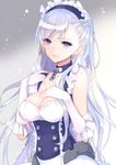  aoi_(kirabosi105) azur_lane bangs bare_shoulders belfast_(azur_lane) blue_eyes braid breasts chain cleavage collar commentary dress elbow_gloves eyebrows_visible_through_hair french_braid gloves gradient gradient_background hand_on_own_chest highres long_hair looking_at_viewer maid_headdress medium_breasts silver_hair simple_background sleeveless smile solo upper_body 