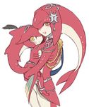  1girl anklet barefoot brother_and_sister carrying fins fish_girl fishman hair_ornament jewelry long_hair looking_at_viewer mipha monster_boy monster_girl multicolored multicolored_skin no_eyebrows red_hair red_skin sharp_teeth siblings sidon smile teeth the_legend_of_zelda the_legend_of_zelda:_breath_of_the_wild utsugi_(skydream) yellow_eyes younger zora 