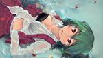  black_bra bra breasts green_hair highres kazami_yuuka looking_at_viewer lying medium_breasts on_back partially_submerged petals puchikya red_eyes short_hair solo touhou underwear water wet wet_clothes 