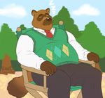  2017 animal_crossing anthro chair clothed clothing male mammal nintendo overweight overweight_male rine sitting sleeping solo tanuki tom_nook_(animal_crossing) video_games 