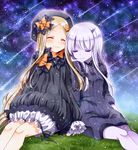  abigail_williams_(fate/grand_order) bags_under_eyes bangs black_bow black_dress black_hat blonde_hair bloomers blush bow bug butterfly closed_eyes closed_mouth commentary_request dress eyebrows_visible_through_hair falling_star fate/grand_order fate_(series) grass hair_bow hat horn insect lavinia_whateley_(fate/grand_order) long_hair long_sleeves multiple_girls night night_sky on_grass orange_bow outdoors pale_skin parted_bangs polka_dot polka_dot_bow sakura_tsubame sitting sky sleeves_past_wrists smile star_(sky) starry_sky underwear very_long_hair white_bloomers white_hair 