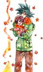 1girl :d ake_(ake54) black_eyes black_hair dragon_ball dragon_ball_z gloves grandfather_and_granddaughter hand_on_another's_head happy leaf looking_up open_mouth pan_(dragon_ball) scarf short_hair smile son_gokuu spiked_hair traditional_media watercolor_pencil_(medium) winter_clothes 