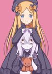  :o abigail_williams_(fate/grand_order) bangs black_bow black_dress black_hat blonde_hair blue_eyes bow bug butterfly closed_mouth commentary dress eyebrows_visible_through_hair fate/grand_order fate_(series) hair_bow hands_on_another's_head hat insect lavinia_whateley_(fate/grand_order) long_hair long_sleeves looking_at_another looking_at_viewer looking_up multiple_girls object_hug orange_bow parted_bangs parted_lips pink_background polka_dot polka_dot_bow shaded_face simple_background sleeves_past_wrists smile stuffed_animal stuffed_toy teddy_bear toshishikisai very_long_hair white_hair wide-eyed 