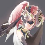  alternate_costume balisong black_legwear braid cowboy_shot fan fingerless_gloves fire_emblem fire_emblem:_kakusei fire_emblem_heroes folding_fan foreshortening gloves grey_background hairband highres jewelry knife looking_at_viewer midriff navel o-ring o-ring_top olivia_(fire_emblem) one_eye_closed outstretched_arm pelvic_curtain pink_eyes pink_hair ponytail ring sash simple_background skeptycally sketch smile solo thighhighs twin_braids 