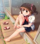  barefoot black_skirt brown_eyes brown_hair clippers closed_mouth collared_shirt doorway eyebrows_visible_through_hair feet footwear_removed full_body hair_ornament hair_ribbon hairclip hood hood_down hoodie hose idolmaster idolmaster_million_live! idolmaster_million_live!_theater_days kamille_(vcx68) kasuga_mirai knee_up looking_away miniskirt nail_clippers on_floor open_clothes open_hoodie outdoors pedicure red_ribbon red_shirt ribbon sandals_removed shirt short_ponytail side_ponytail sitting skirt sliding_doors smile solo toenails weeds 