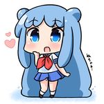  :d absurdly_long_hair bangs blue_eyes blue_hair blue_skirt blush brown_footwear chibi commentary_request double_bun eyebrows_visible_through_hair full_body goo_girl half_slime-chan hana_kazari hand_up heart kneehighs long_hair looking_at_viewer monster_girl neckerchief open_mouth original pleated_skirt red_neckwear school_uniform serafuku shirt shoes short_sleeves skirt smile solo standing translation_request very_long_hair white_legwear white_shirt 