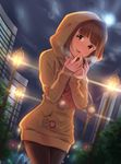  blush brown_eyes cloud cloudy_sky cowboy_shot eyebrows_visible_through_hair hood hood_up hoodie idolmaster idolmaster_cinderella_girls kamille_(vcx68) kitami_yuzu lamppost long_sleeves looking_at_viewer moon nail_polish night night_sky open_mouth short_hair sky smile solo yellow_nails 